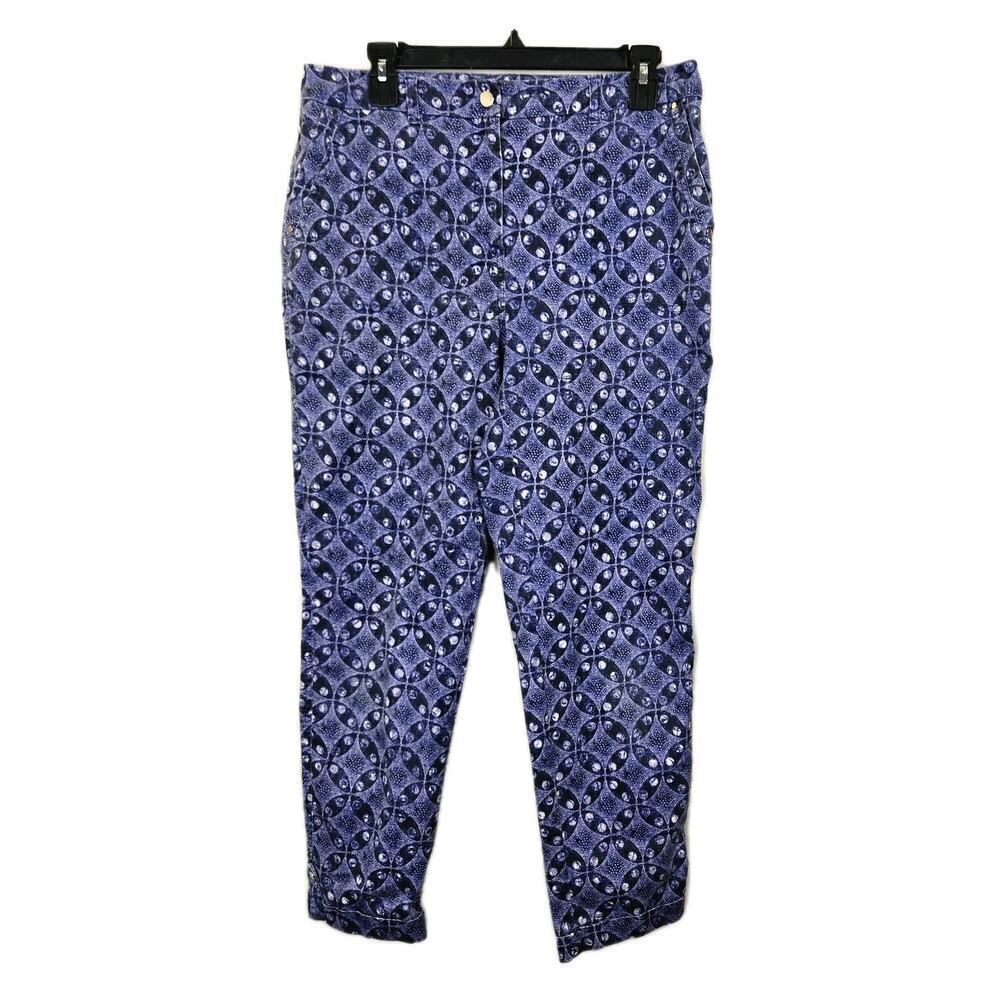 Chicos Pants Womens Medium 1 Blue Batik Tapered Boho Artsy Casual Trouser Size 8